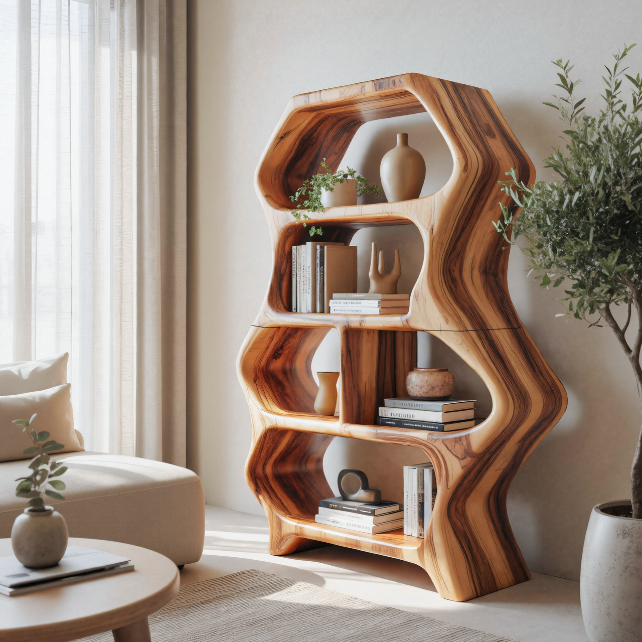 Sculptural Bookshelf With Organic Carved Display For Living Room And Office