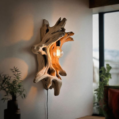 Driftwood Wall Lamp With Carved Form For Rustic Modern Living Room