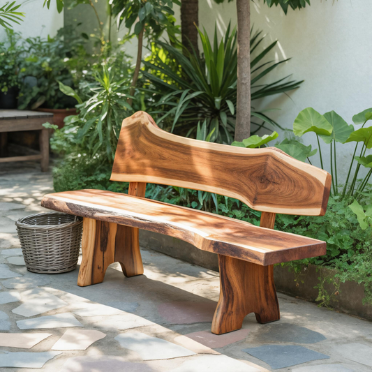 Rustic Live Edge Outdoor Bench With Curved Back For Patio Or Garden
