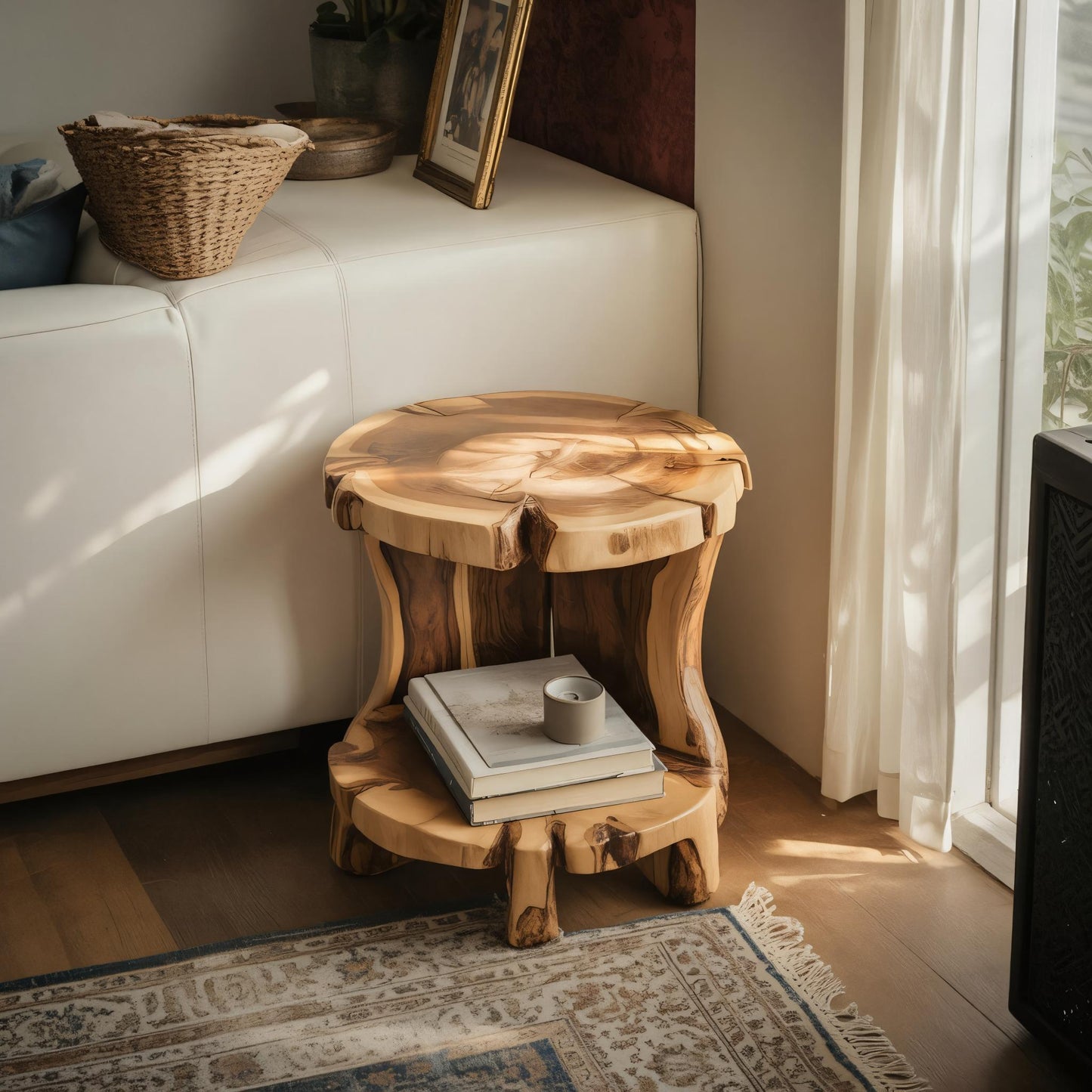 Rustic Round Side Table With Two Tier For Living Room And Bedside