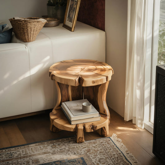 Rustic Round Side Table With Two Tier For Living Room And Bedside