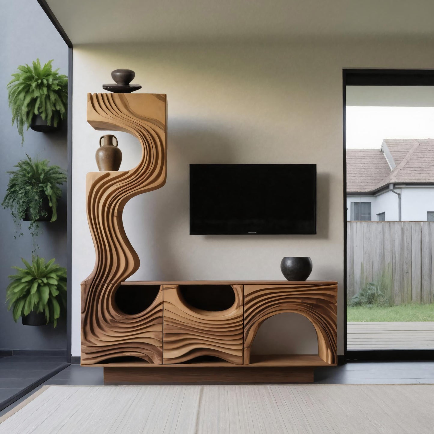 Wavy Sculptural TV Console Media Cabinet For Living Room And Lounge