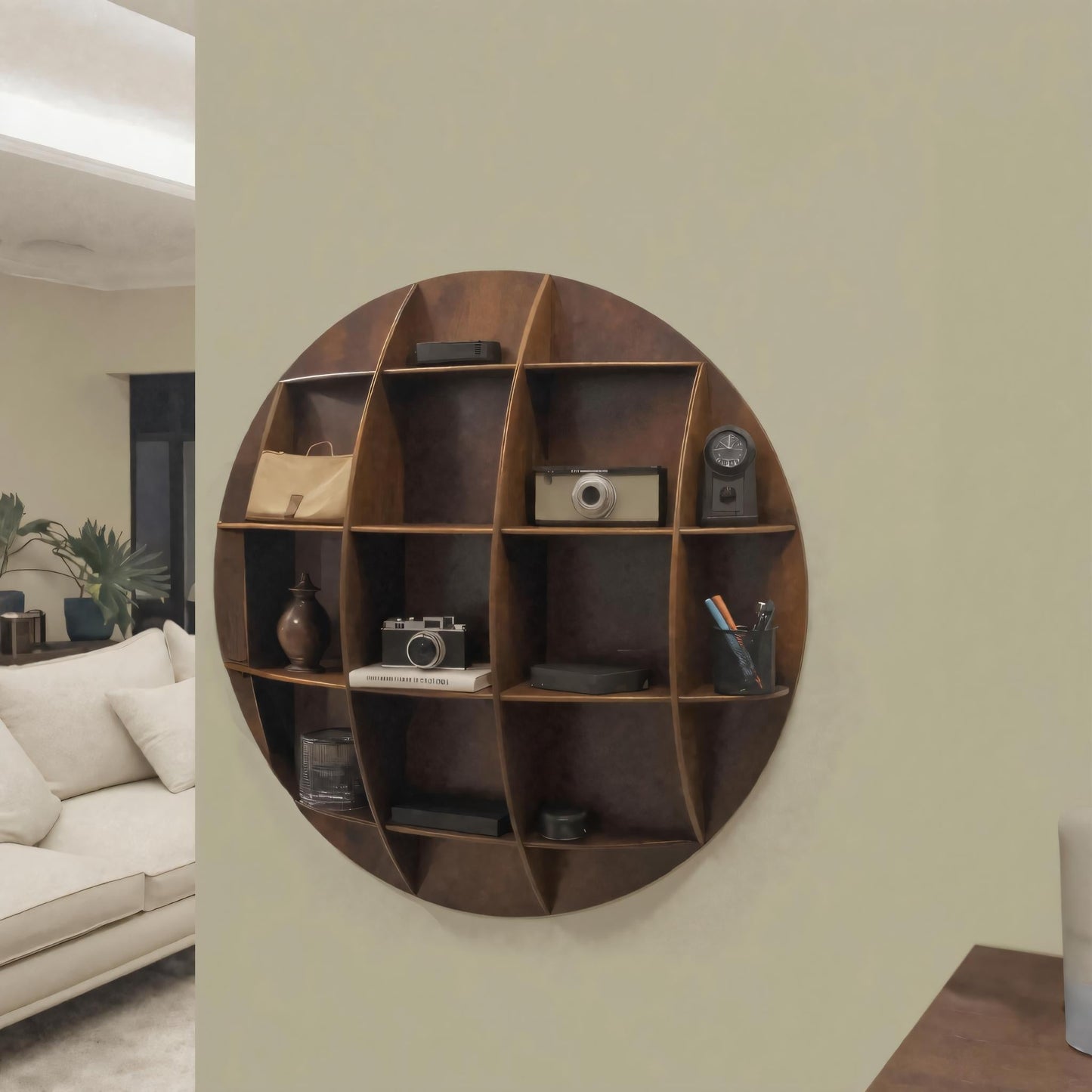 Modern Round Wall Mounted Shelf With Compartments For Living Room Office And Entryway