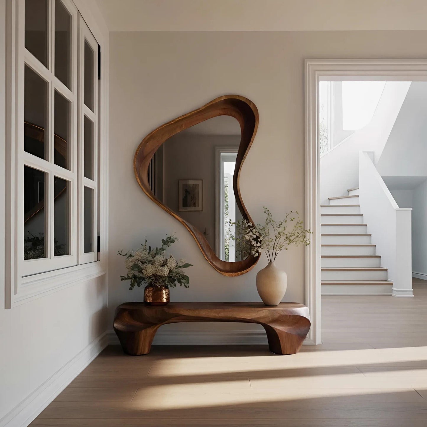 Modern Sculptural Bench And Wall Mirror For Entryway