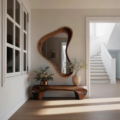 Modern Sculptural Bench And Wall Mirror For Entryway