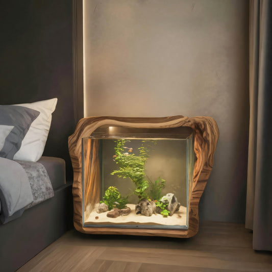 Rustic Live Edge Aquarium Stand With Glass Tank For Bedroom And Living Room