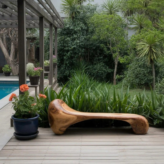 Sculptural Wood Bench For Garden Poolside Or Patio