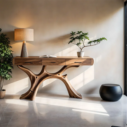Tree base console table with sculptural design and drawers for modern entryway storage