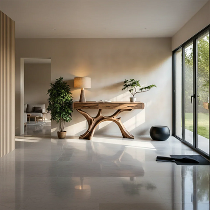 Entryway console featuring organic branch base and functional drawers for daily essentials