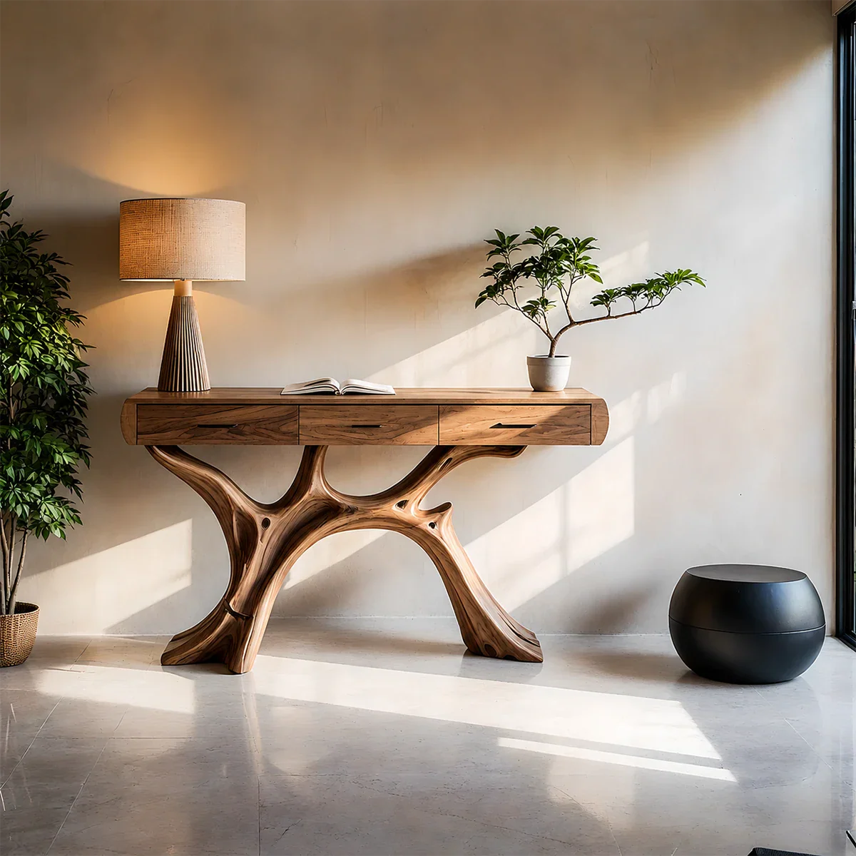 Natural Wood Console Table with Drawers and Sculptural Base for Decor Styling