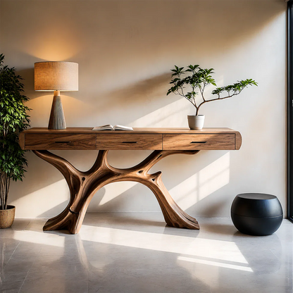 Natural Wood Console Table with Drawers and Sculptural Base for Decor Styling