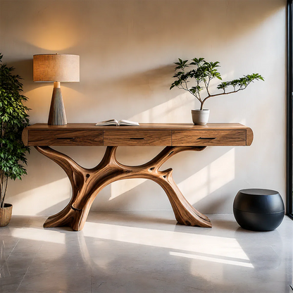 Natural Wood Console Table with Drawers and Sculptural Base for Decor Styling