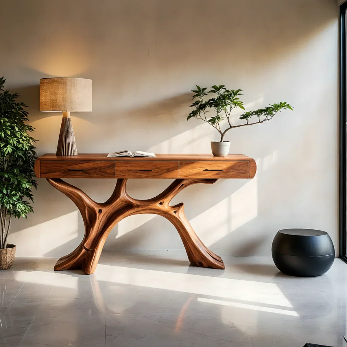 Minimal console cabinet with tree style base and hidden drawers for organized interiors