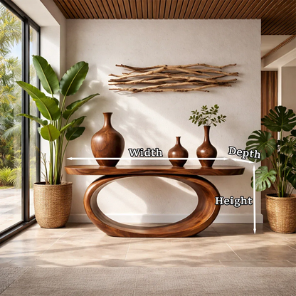 Statement brown wood console table with oval frame