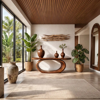 Brown wood console table with oval loop base