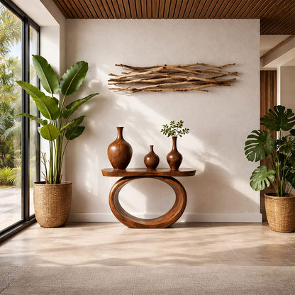 Organic Curve Console Table Natural Solid Wood Entryway Oval Ring Base