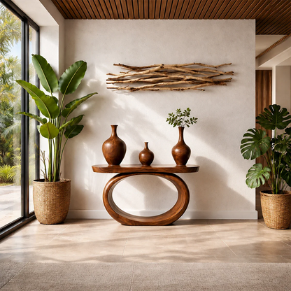 Organic Curve Console Table Natural Solid Wood Entryway Oval Ring Base