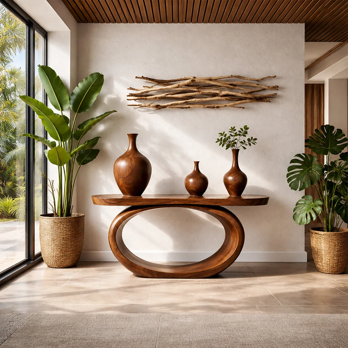 Organic Curve Console Table Natural Solid Wood Entryway Oval Ring Base
