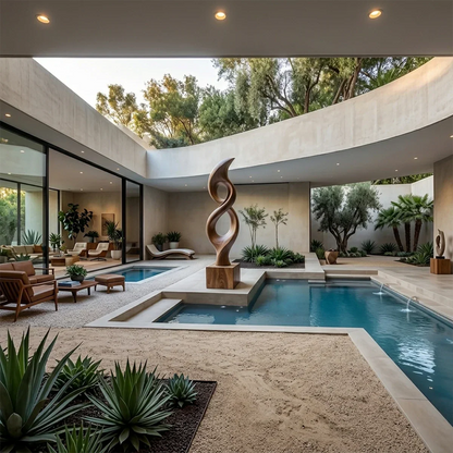 Modern outdoor sculpture featuring tall organic silhouette and smooth walnut tone finish detail