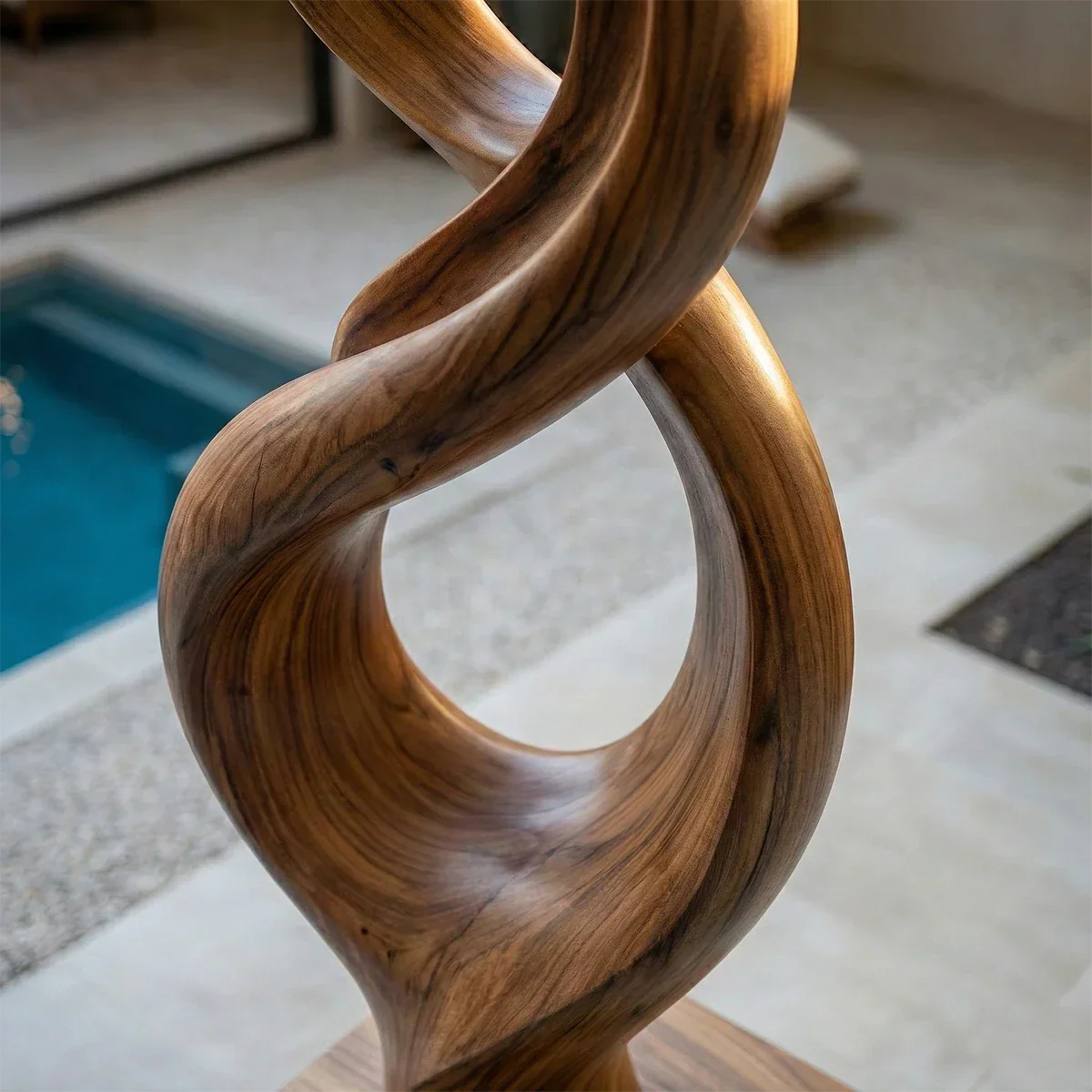 Contemporary courtyard sculpture showcasing fluid twisting form and refined walnut tone finish