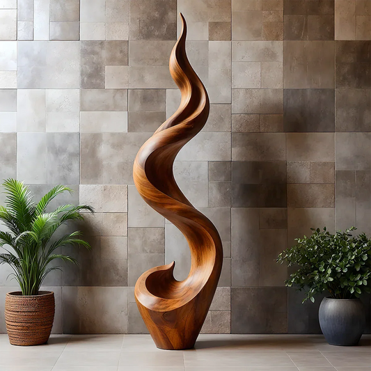 Twisting vertical abstract sculpture with flowing silhouette and smooth brown tone finish floor décor