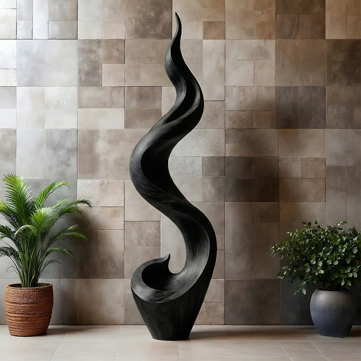 Modern interior sculpture featuring sculptural wave design and warm black tone finish detail