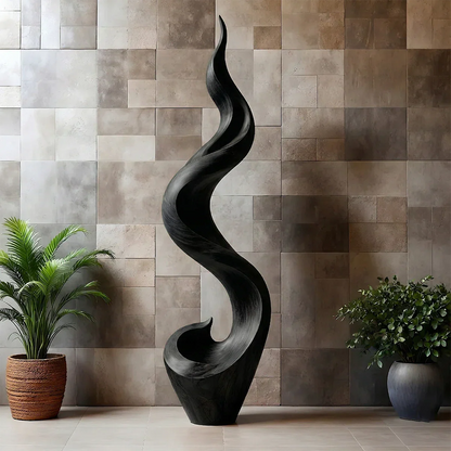 Modern interior sculpture featuring sculptural wave design and warm black tone finish detail