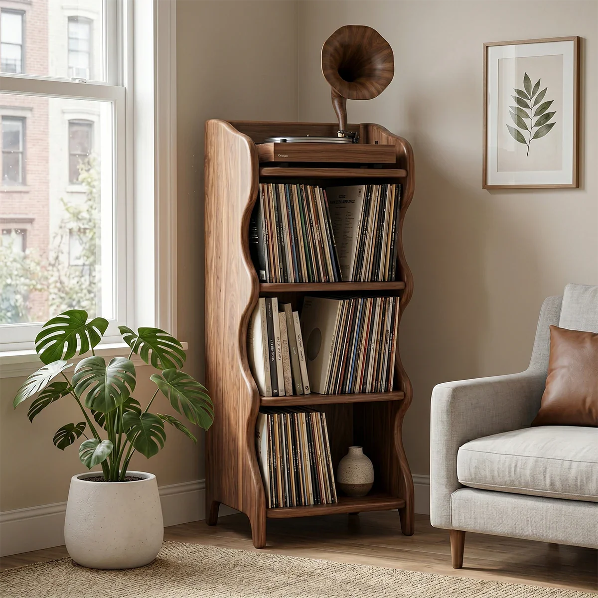 Modern turntable stand featuring multi level LP storage and compact organization