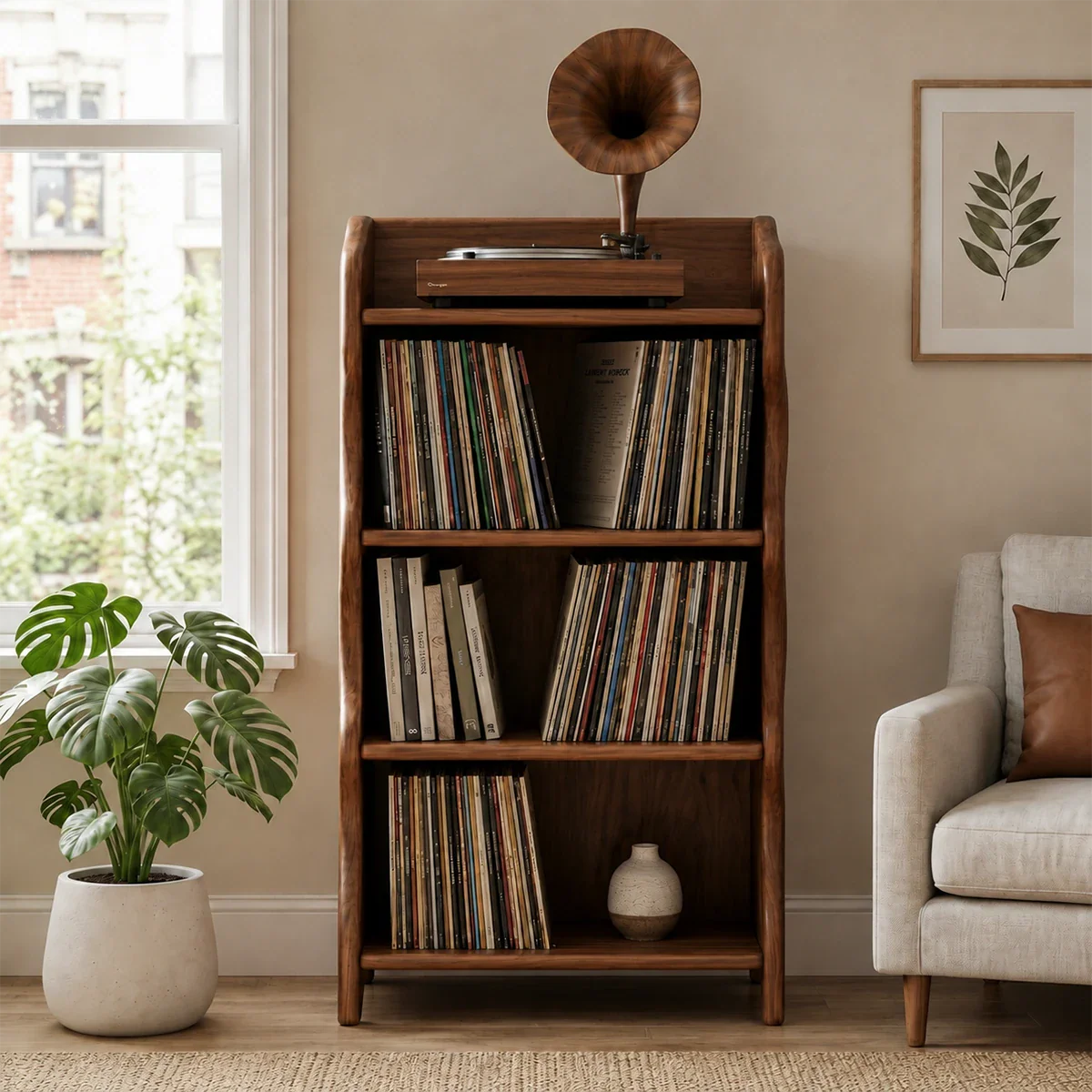 Modern audio storage stand for vinyl records and turntable organization at home