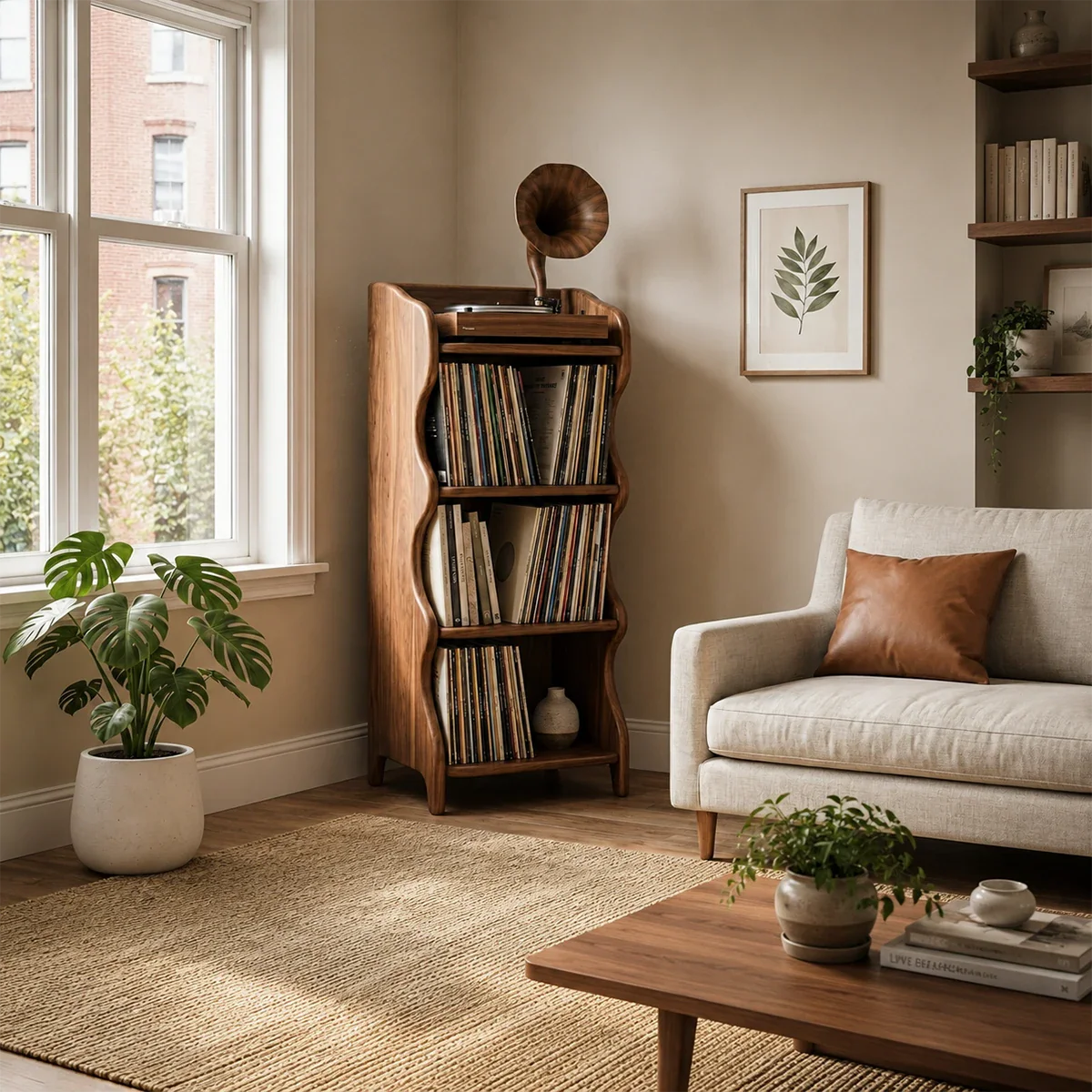 Vertical record player stand with spacious vinyl storage and open shelving design