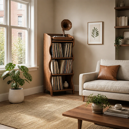 Vertical record player stand with spacious vinyl storage and open shelving design