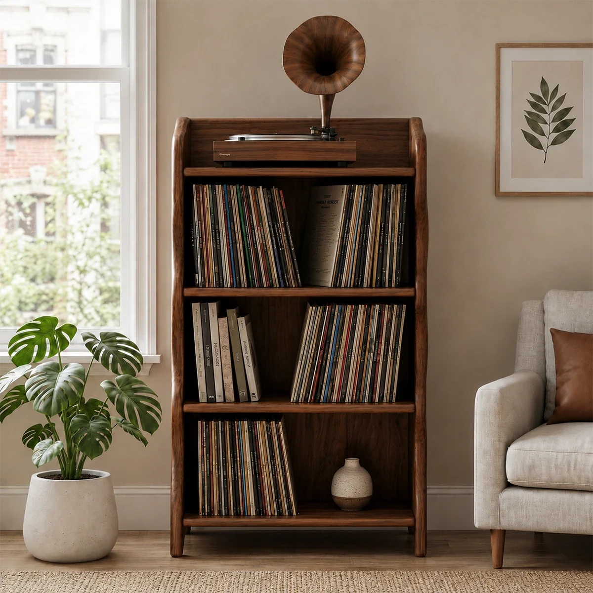 Vertical vinyl organizer with spacious record shelves and dedicated turntable top
