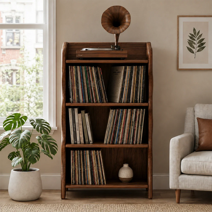Vertical vinyl organizer with spacious record shelves and dedicated turntable top