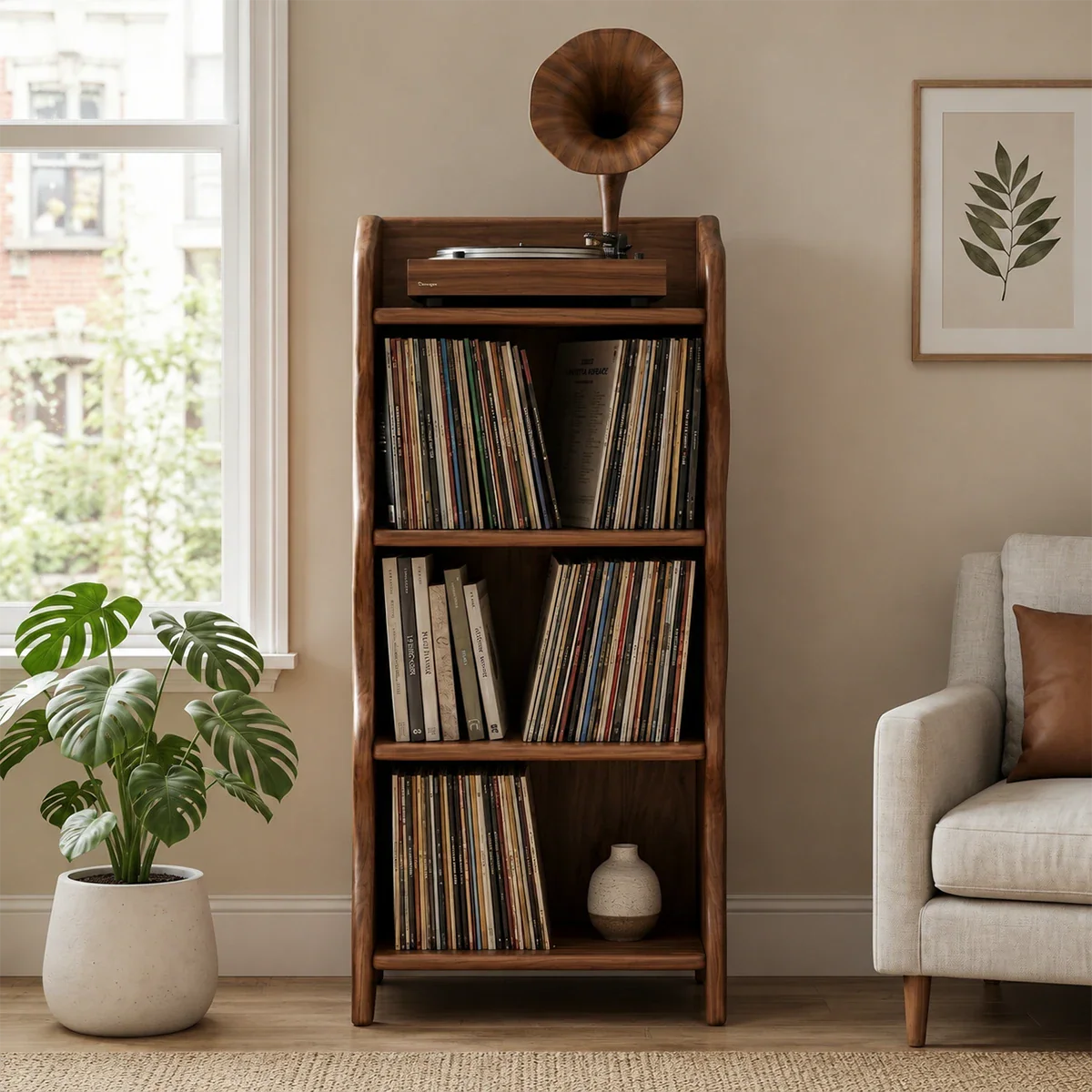 Contemporary vinyl record storage cabinet with integrated turntable display shelf