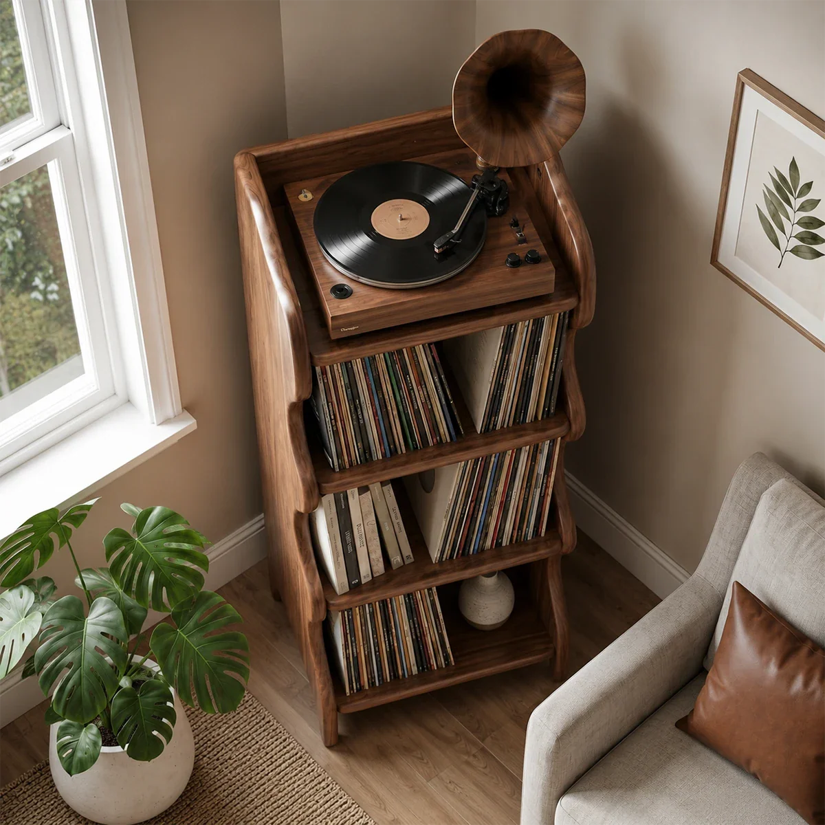 Tall vinyl storage stand with dedicated turntable shelf and open display sections