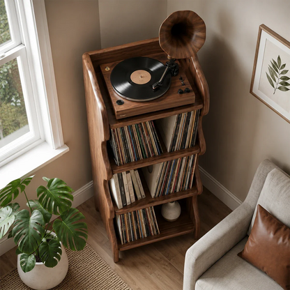 Tall vinyl storage stand with dedicated turntable shelf and open display sections