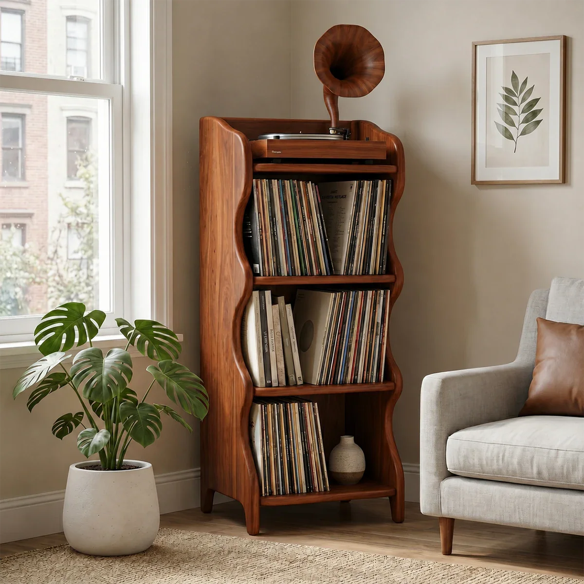 Minimalist record organizer cabinet with vertical LP storage and modern styling