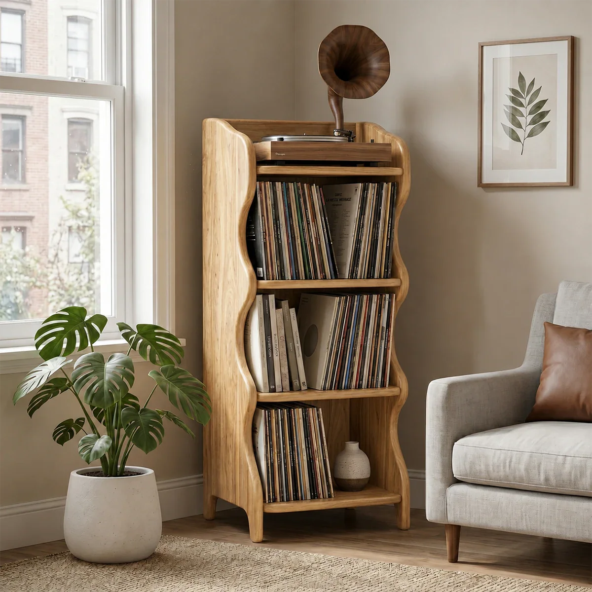 Vinyl record display stand featuring open shelving and integrated turntable space