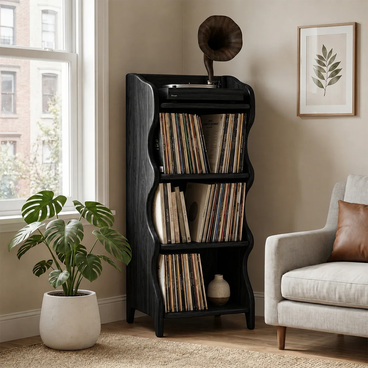 Hi Fi record storage furniture with multiple shelves for LP collection display