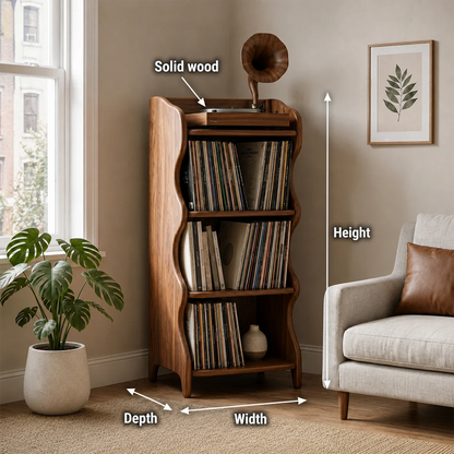 Contemporary LP storage cabinet with elevated turntable platform and open shelves