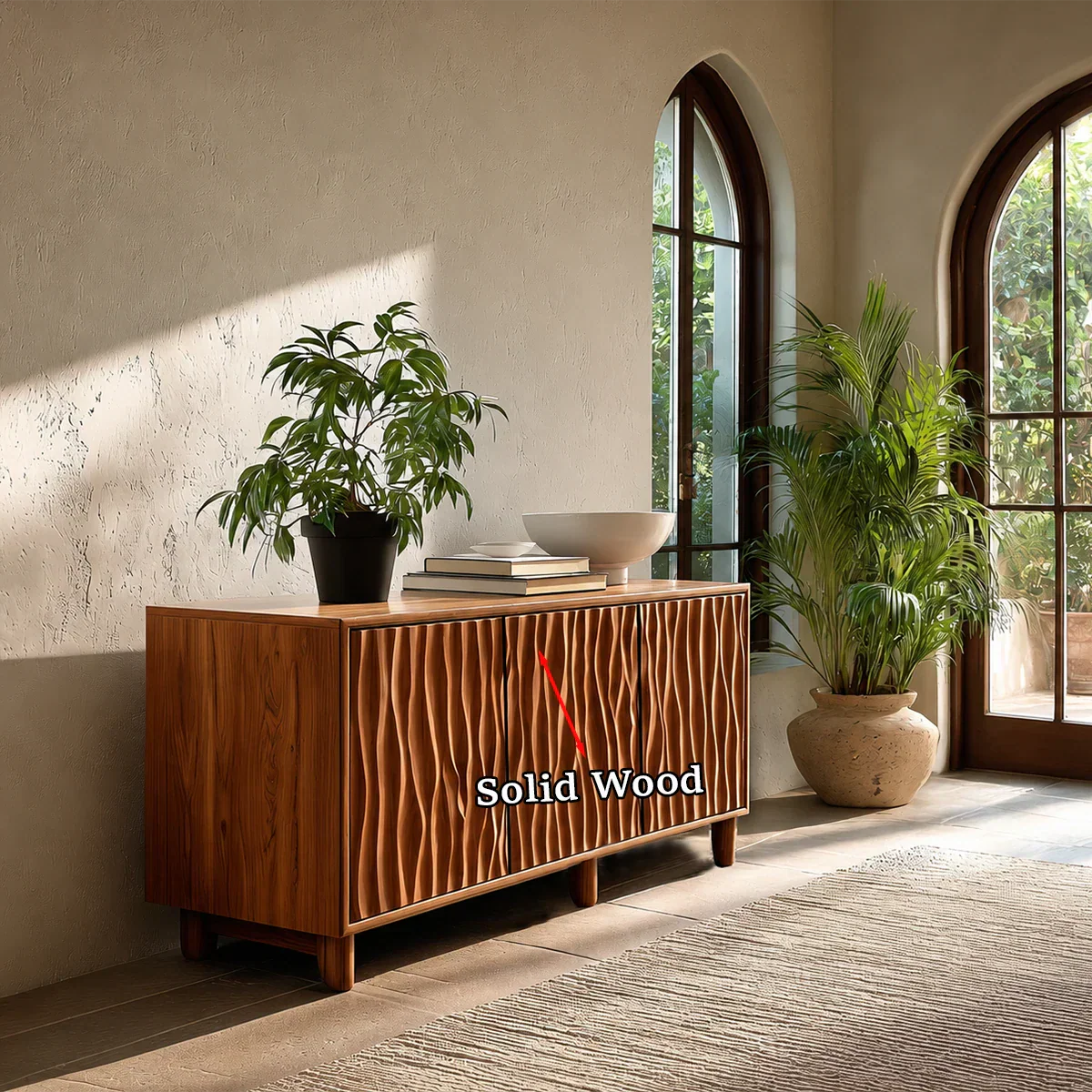 Contemporary storage cabinet with textured vertical detailing and elegant architectural form