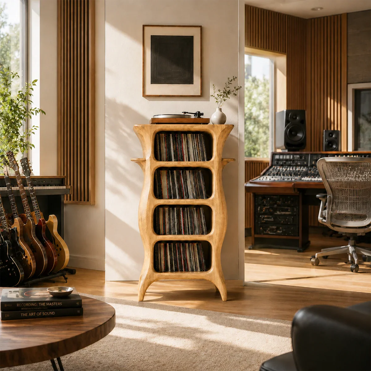 Designer vinyl record display unit featuring vertical album organization and media storage