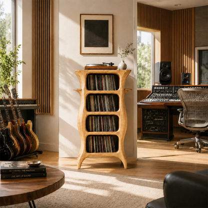 Designer vinyl record display unit featuring vertical album organization and media storage