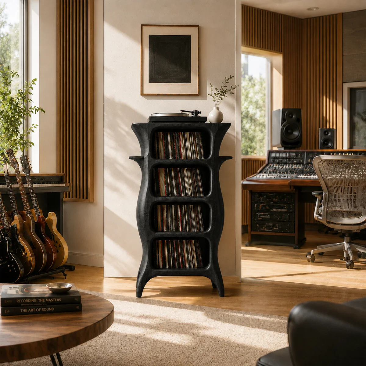 High-capacity LP storage tower with open shelving for records and turntable equipment