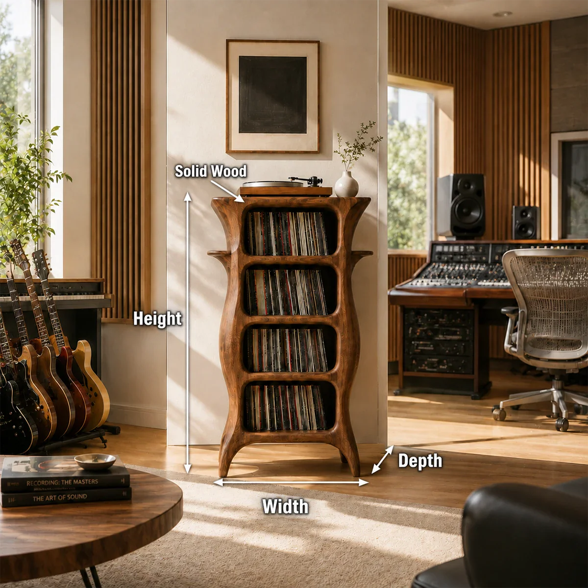 Architectural record player furniture with compact vinyl storage for modern listening rooms