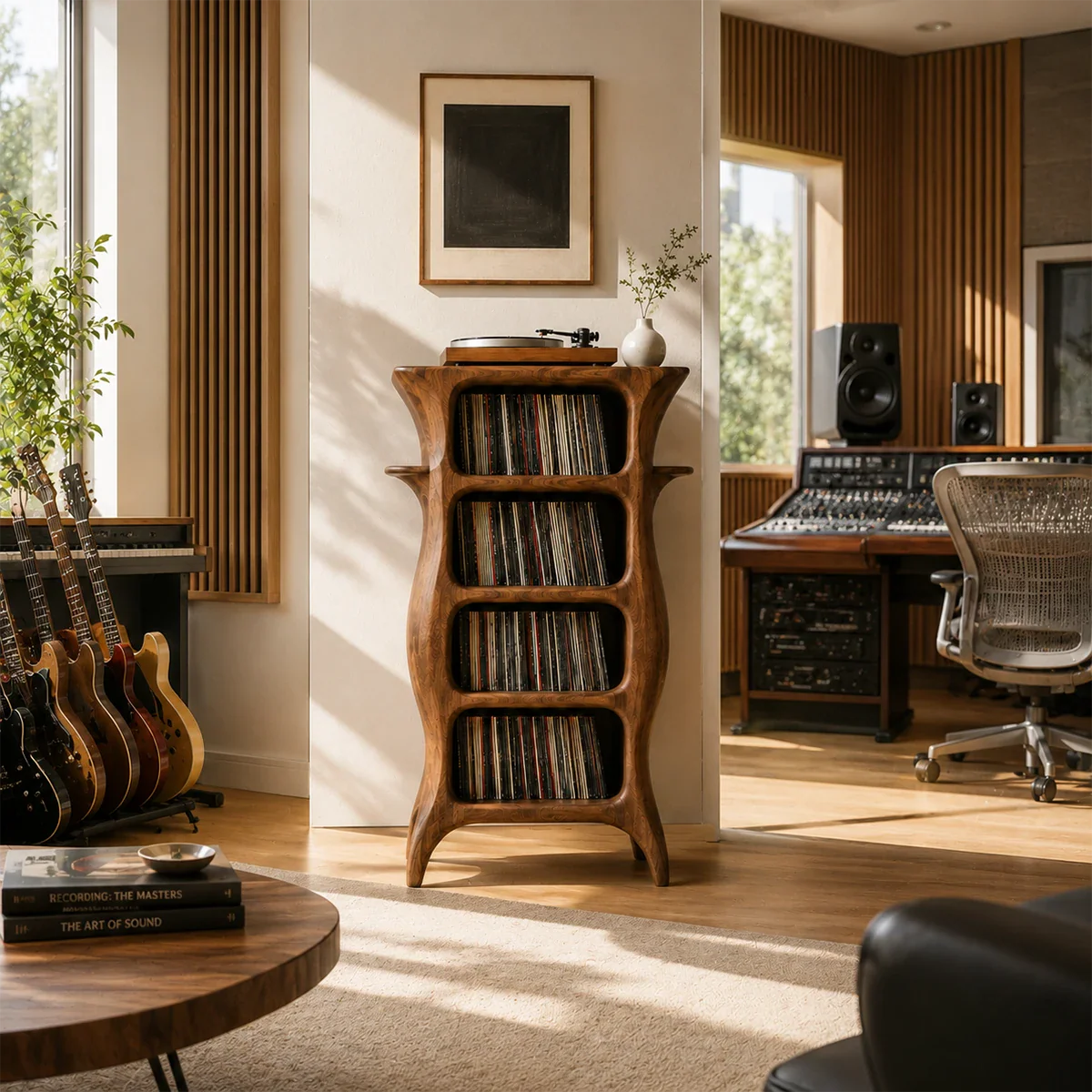 Vertical vinyl record tower with turntable shelf and four-tier LP storage compartments