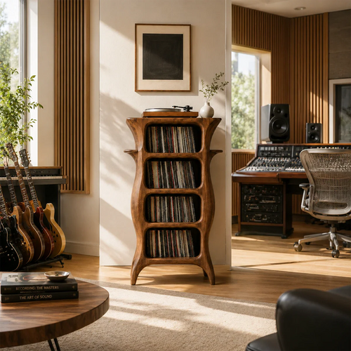 Vertical vinyl record tower with turntable shelf and four-tier LP storage compartments