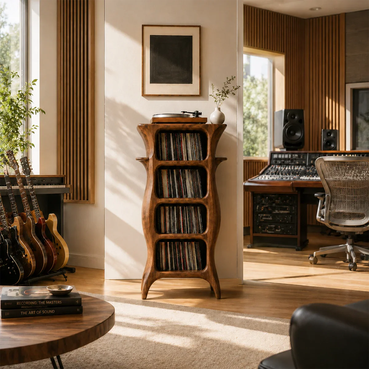 Space-saving vinyl media stand designed for LP collections and turntable listening setups