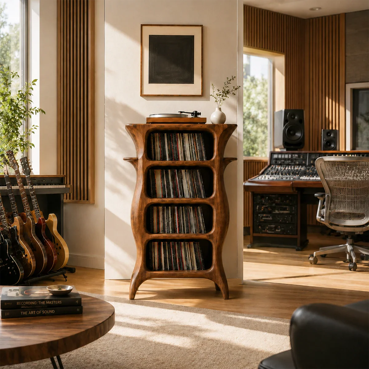 Luxury record storage tower with vertical shelves for albums and premium audio equipment