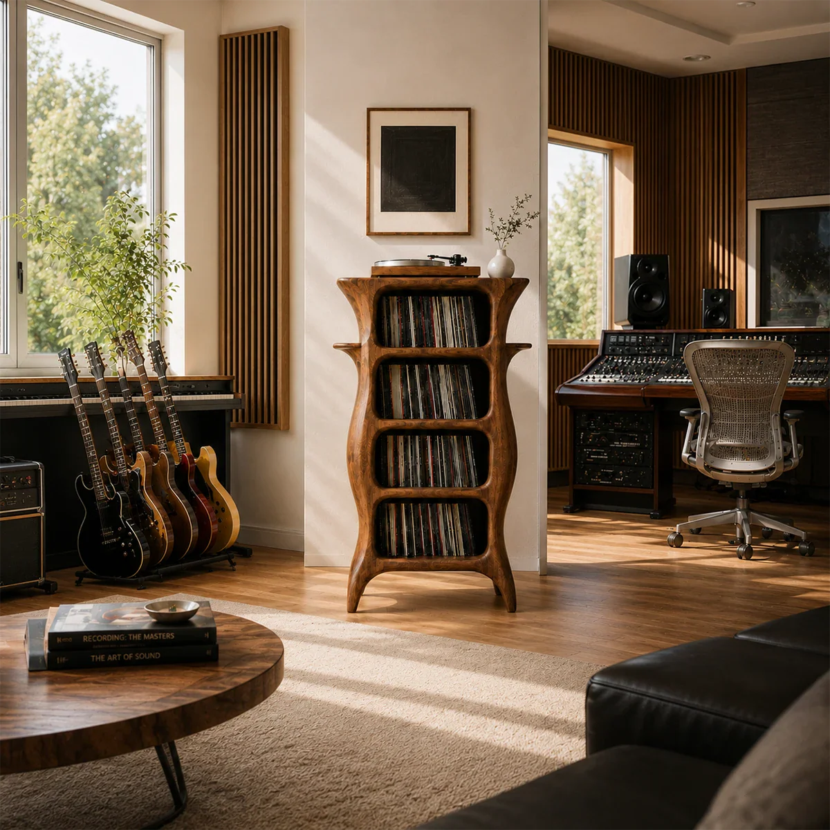 Modern record player stand featuring tall vinyl album storage with sculptural open shelves